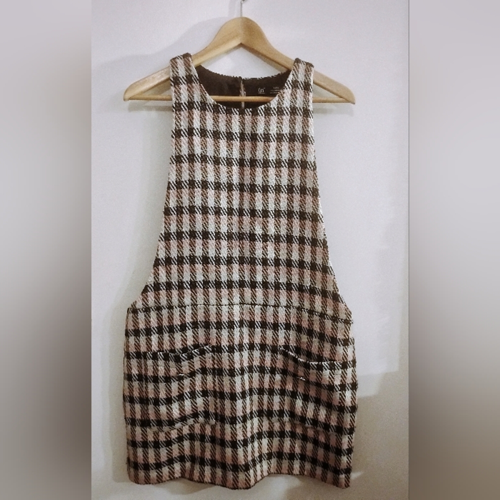 Zara Trf Collection Checkered Mini Pinafore Dress